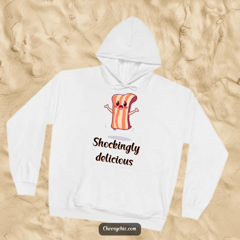 Funny hoodie depicting an adorable bacon strip performing a surprised jump, looking startled.