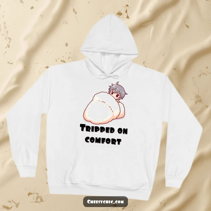 Funny stylized character playfully tripping over a giant fluffy slipper, a warm and humorous hoodie.