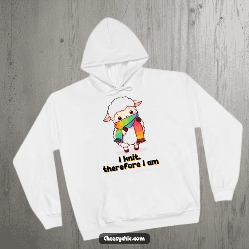 Funny hoodie showing a fluffy sheep humorously trying to knit a rainbow scarf with its hooves, embodying creative struggle.