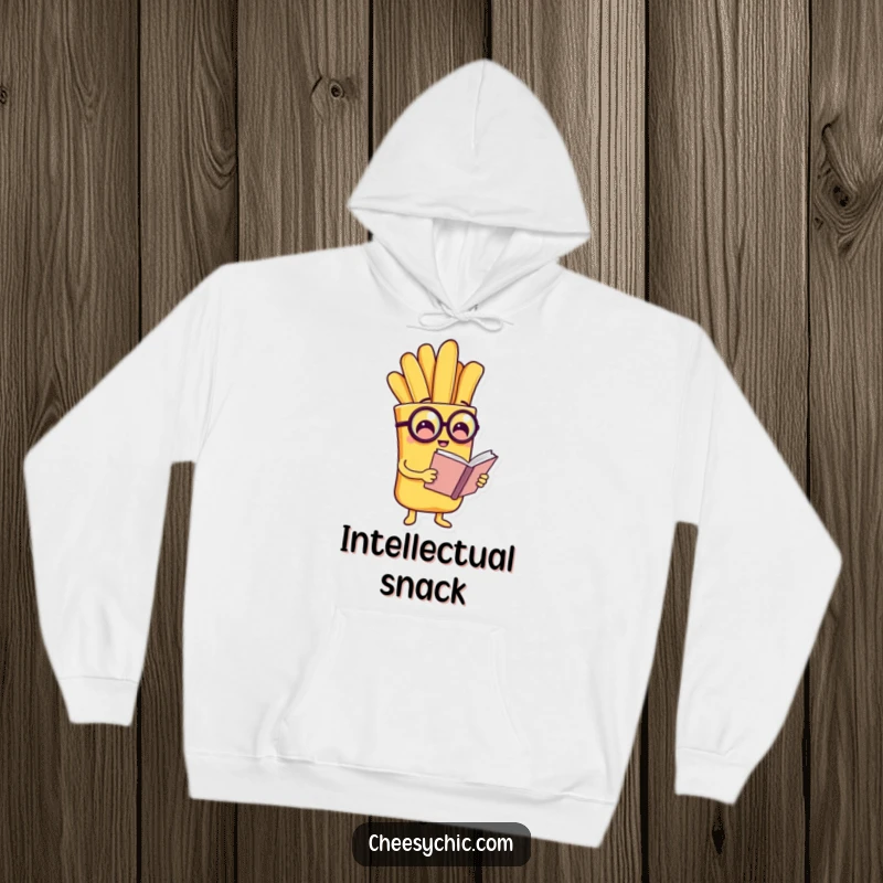 Funny hoodie featuring a charming anthropomorphic french fry wearing a monocle and reading a tiny book, exuding class.
