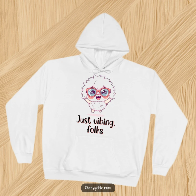 Funny hoodie depicting a fluffy character wearing oversized sparkly glasses, captured in an excited hopping pose, full of cheerful energy.