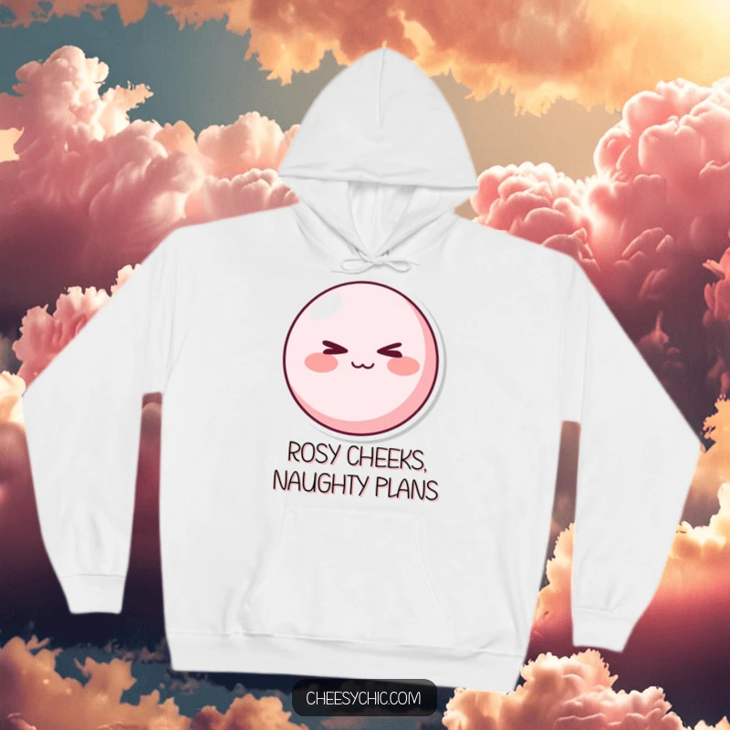 Funny Hoodie: A round pink character with rosy cheeks winking mischievously. Ideal funny gift for comfort.