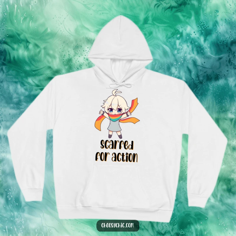 Funny hoodie showcasing a character in a dramatic pose, with a flowing rainbow scarf adding color and flair, perfect for cozy moments.