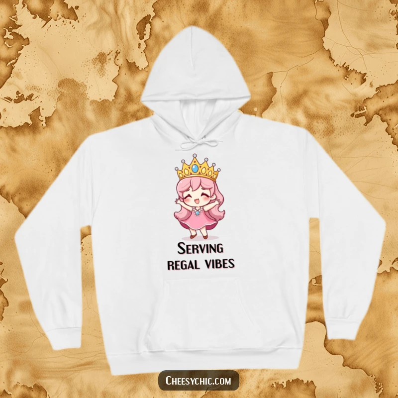 Funny hoodie featuring a character with a large, sequined tiara, captured in a jubilant dance move, radiating pure happiness.