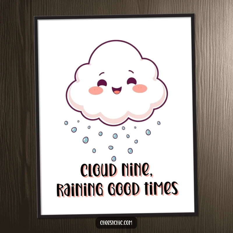 Funny free printable wall art: A happy, cheerful cloud skillfully juggling tiny sparkling water droplets with a broad smile.