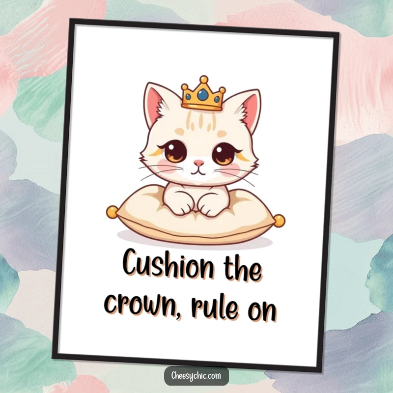 Funny Free Printable Wall Art: A cat wearing a small crown sits regally on a cushion, a portrait of feline nobility.