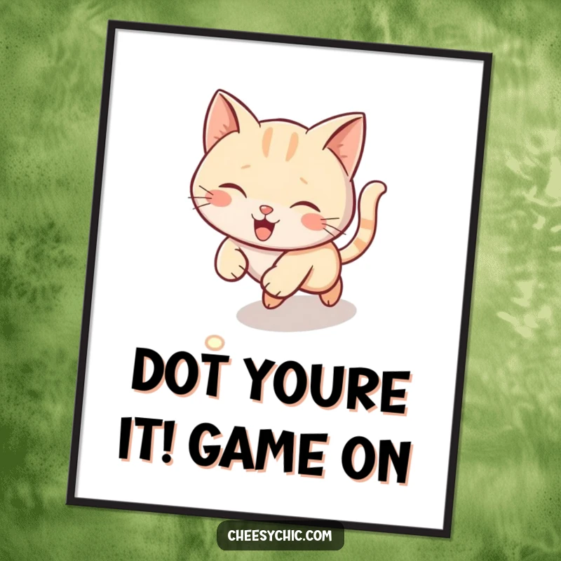 Funny Free Printable Wall Art: A cat in mid-chase after a laser pointer dot, capturing pure excitement.