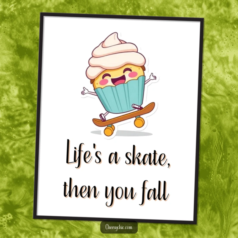 Funny Free Printable Wall Art: A cupcake hilariously falling off a tiny skateboard, a moment of sweet chaos.