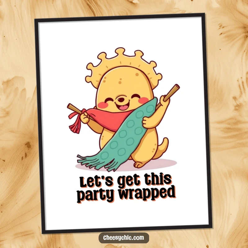 Funny Free Printable Wall Art: A happy taco focused on knitting a comically long, colorful scarf.
