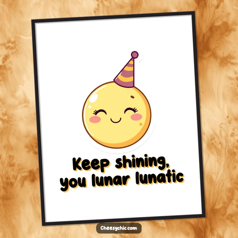 Funny free printable wall art: A cheerful smiling moon wearing a small, festive party hat, radiating happiness.