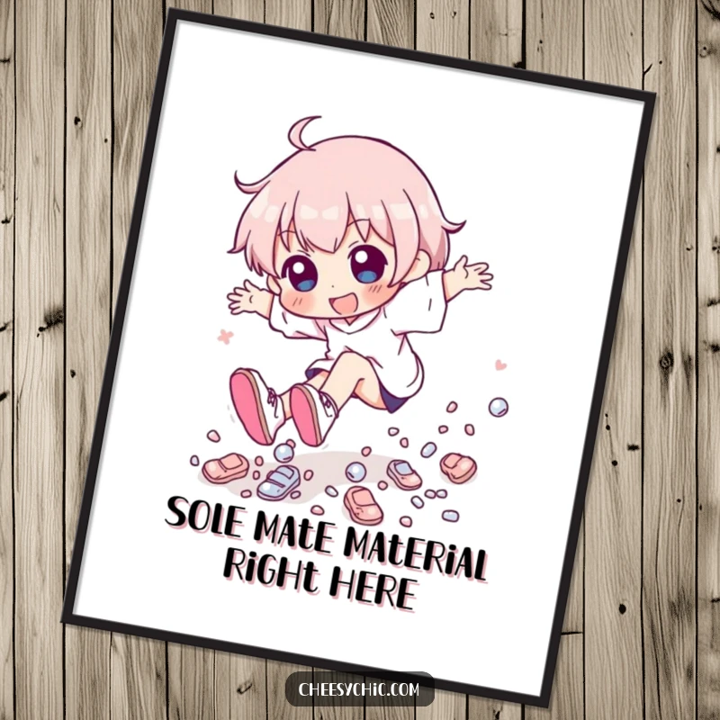 Funny Free Printable Wall Art: A character playfully tripping, with a delightful cascade of tiny, shiny shoes falling.