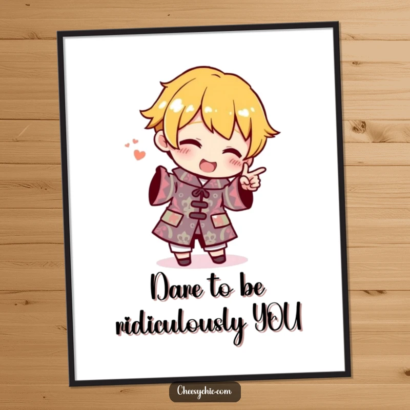 Funny free printable wall art of a stylized character pointing enthusiastically at their own wild, ridiculously patterned outfit.