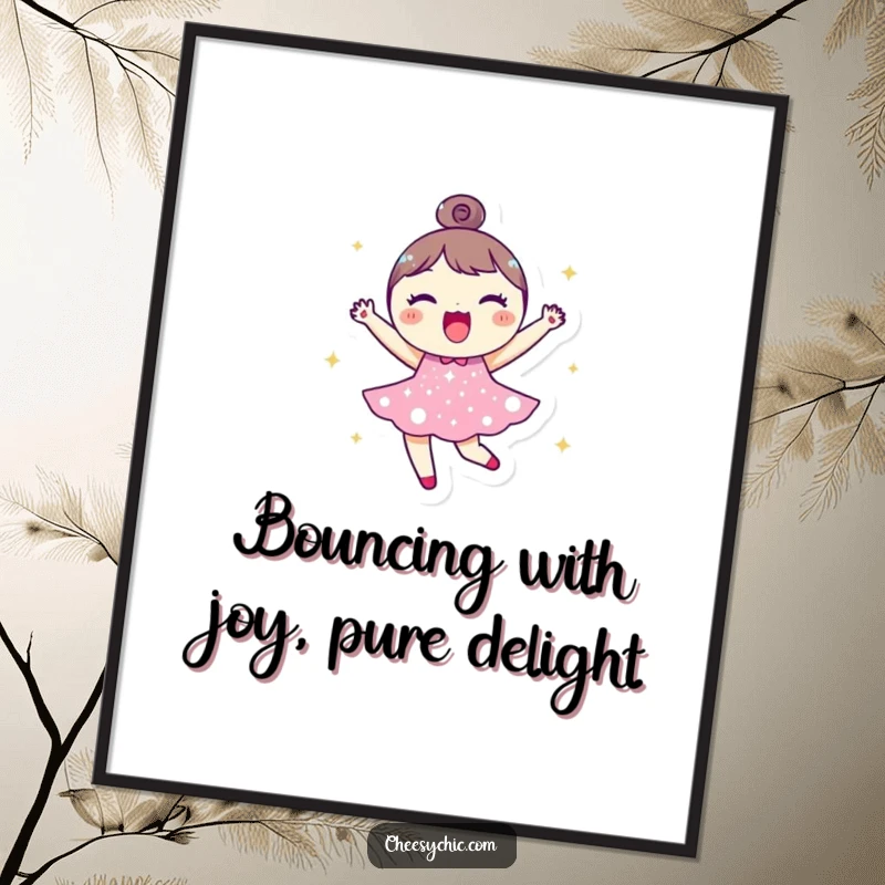Funny Free Printable Wall Art: Round Character in Sparkly Dress Bouncing with Pure Joy, Whimsical