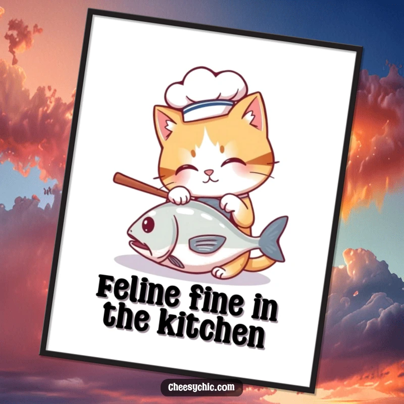 Funny Free Printable Wall Art: A cat in a chef hat playfully bats a rolling fish, kitchen humor.