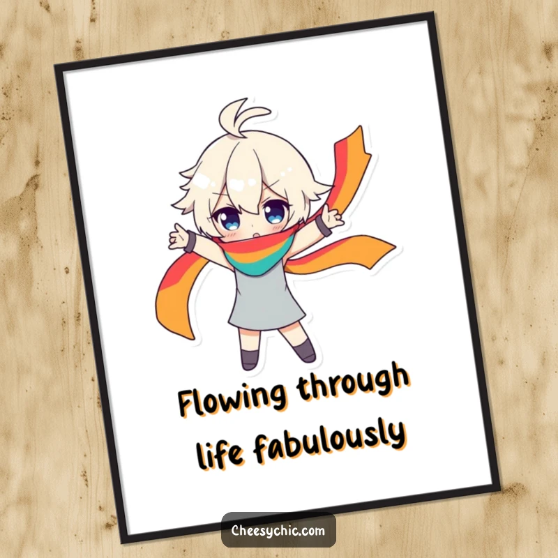Funny Free Printable Wall Art: Character Striking Dramatic Pose with Flowing Rainbow Scarf, Bold