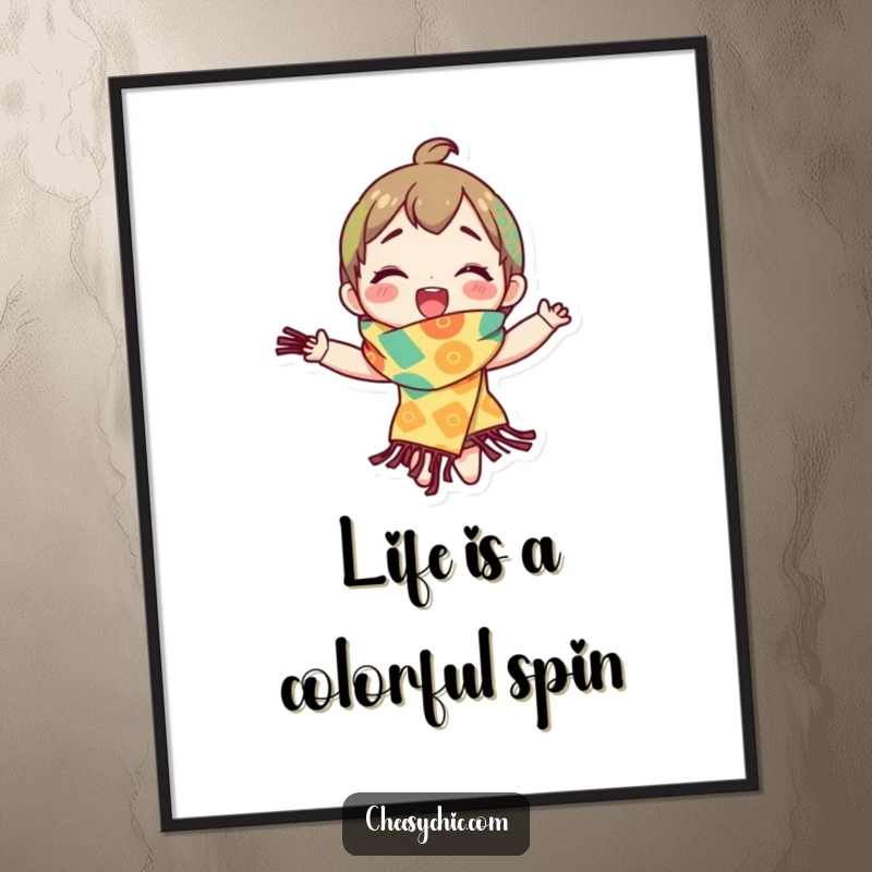 Funny Free Printable Wall Art: Character twirls expressively in a brightly patterned scarf, a whirlwind of delight.