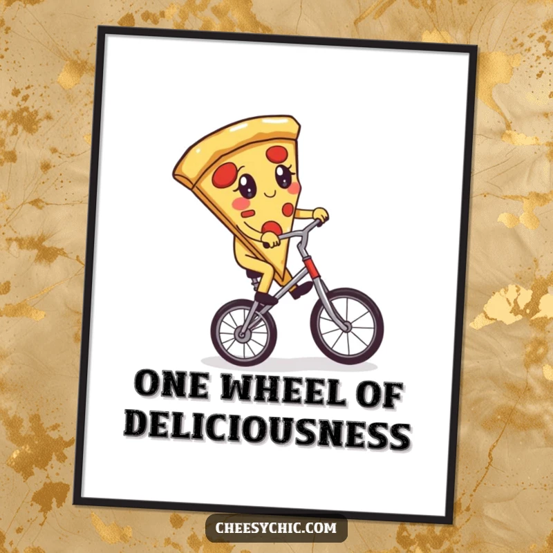 Funny Free Printable Wall Art: Adorable pizza slice attempts to ride a unicycle with flair, a charming and funny art piece.