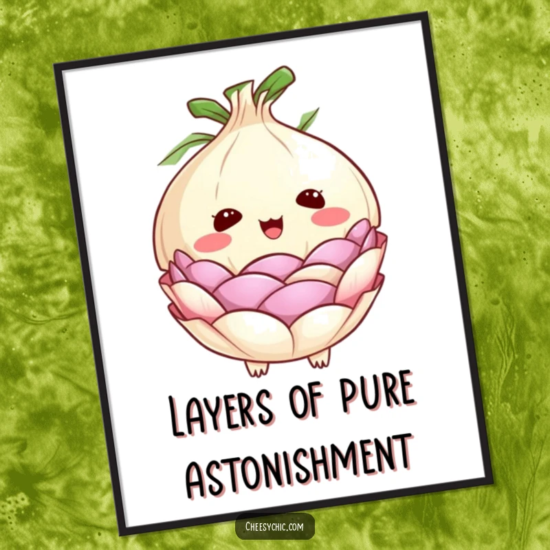 Funny Free Printable Wall Art featuring a cute onion with its layers peeling back in surprise, a whimsical addition to any space.