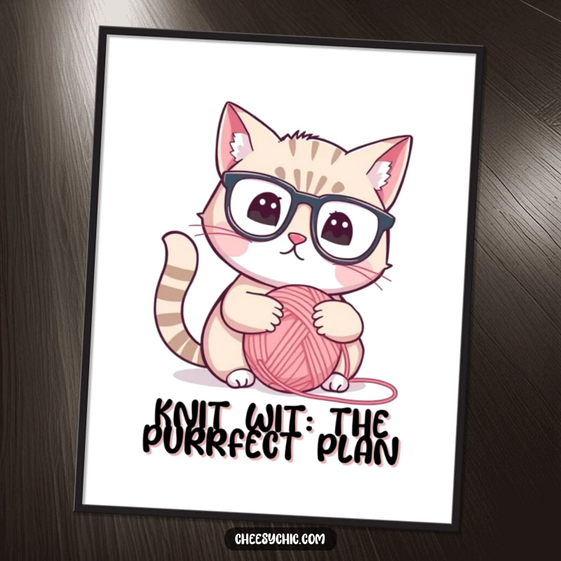 Funny Free Printable Wall Art: A cute cat in glasses looking intently at a ball of yarn, quirky home decor.