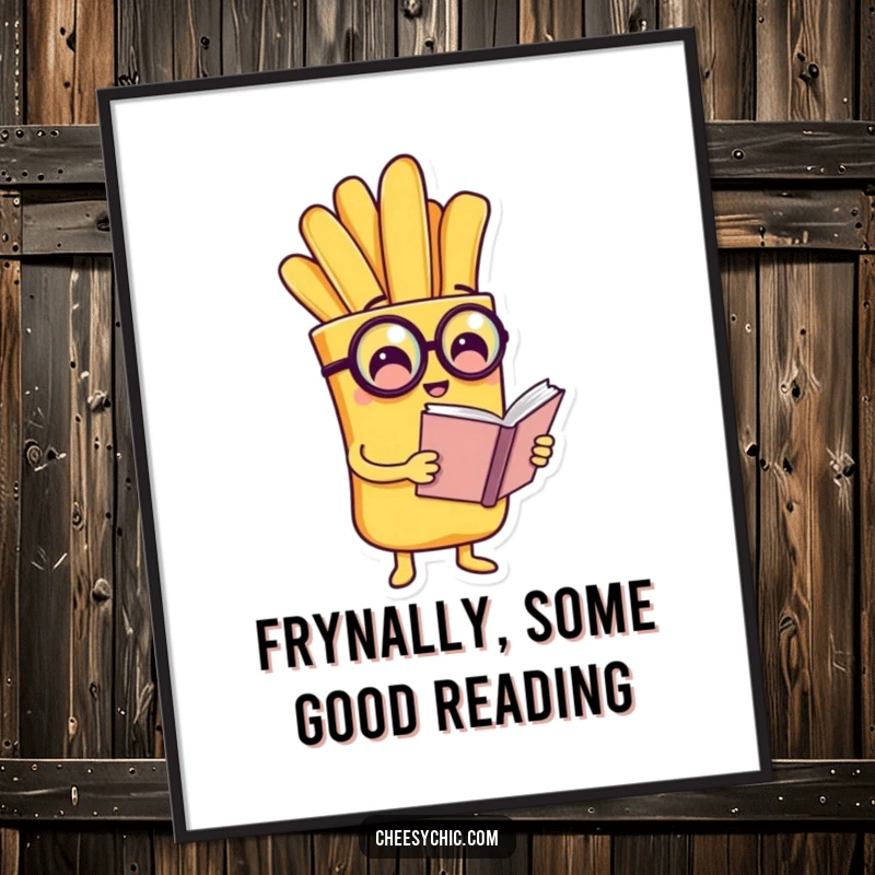 Funny Free Printable Wall Art: A charming french fry sporting a monocle, intently reading a tiny book.