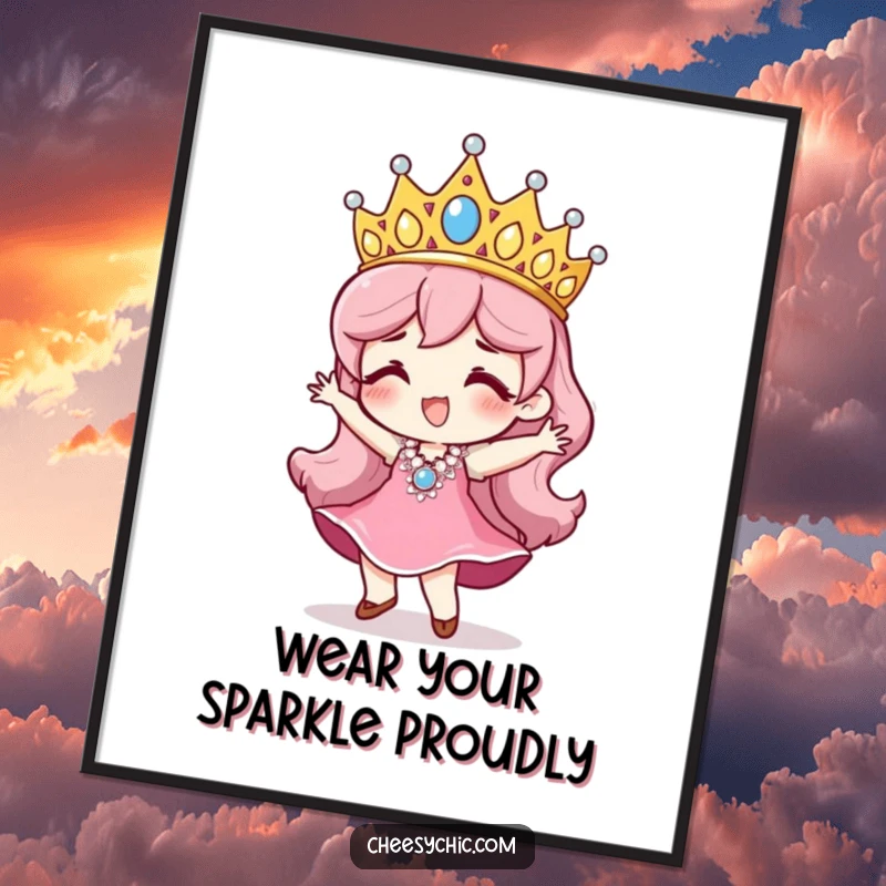 Funny Free Printable Wall Art: A character wearing a comically large sequined tiara, doing a joyful dance.