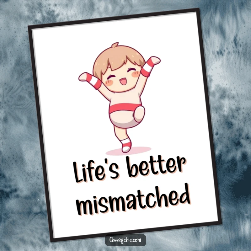 Funny free printable wall art, a character in mismatched socks doing a cartwheel with infectious glee.