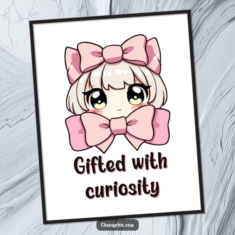 Funny Free Printable Wall Art: Character peeks curiously from behind a gigantic, glittering bow with wide, expressive eyes.