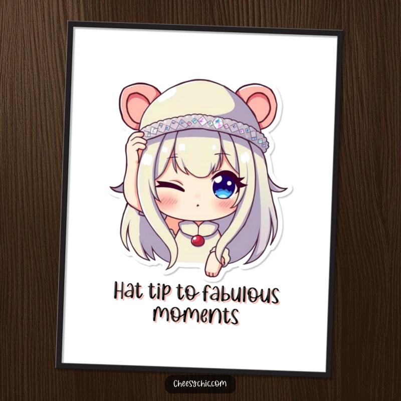 Funny Free Printable Wall Art: Character Winking While Adjusting a Tiny Sequined Hat, Playful