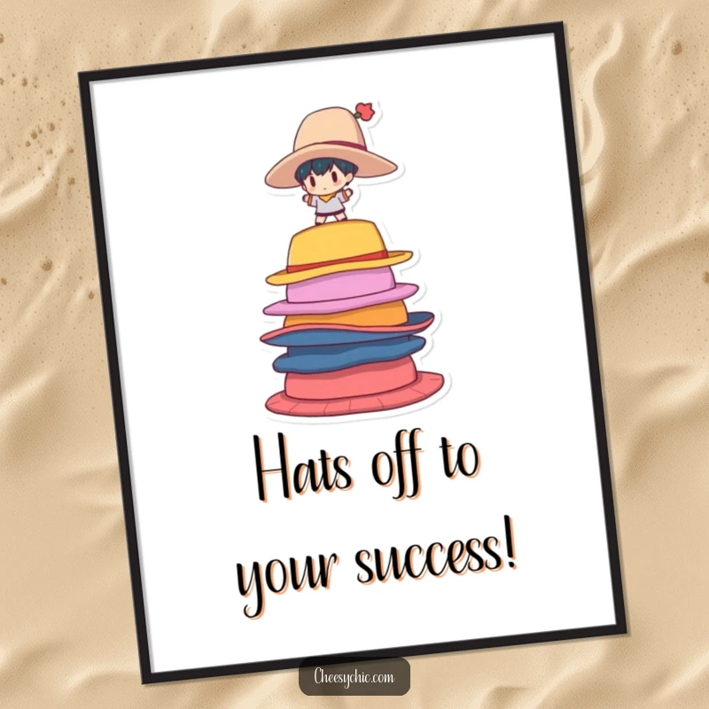 Funny free printable wall art of a stylized character precariously balancing atop a colorful, oversized stack of hats.