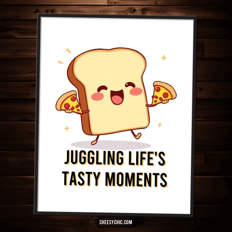 Funny Free Printable Wall Art: Anthropomorphic toast aggressively juggles three miniature pizzas, a vibrant and humorous art piece.