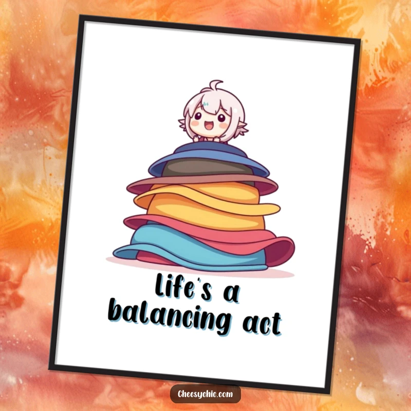 Funny Free Printable Wall Art: A character balancing precariously on a stack of colorful hats, looking utterly delighted.