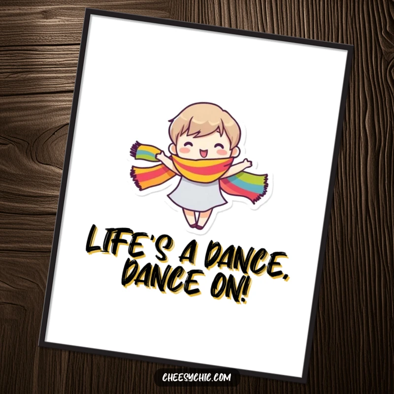 Funny free printable wall art featuring a stylized character dancing with pure joy, their rainbow scarf creating a colorful arc.
