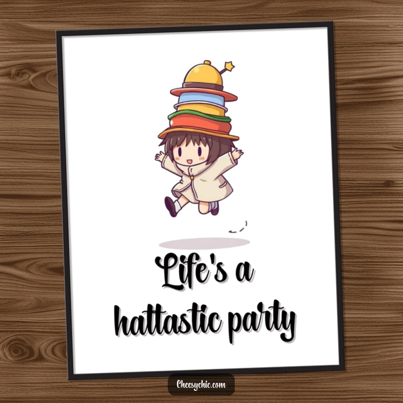 Funny Free Printable Wall Art: A character joyfully skips, precariously balancing a huge stack of brightly colored hats.