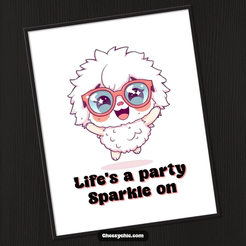 Funny Free Printable Wall Art: A fluffy character wearing oversized sparkly glasses, hopping with infectious excitement.