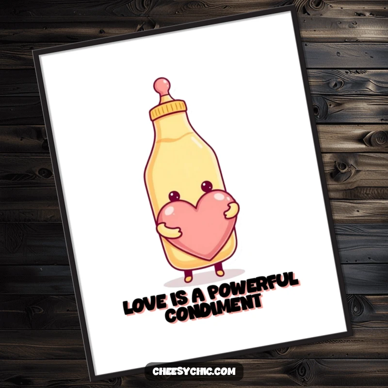 Funny Free Printable Wall Art of a smiling condiment bottle squeezing a giant heart, adding a playful touch to any room.