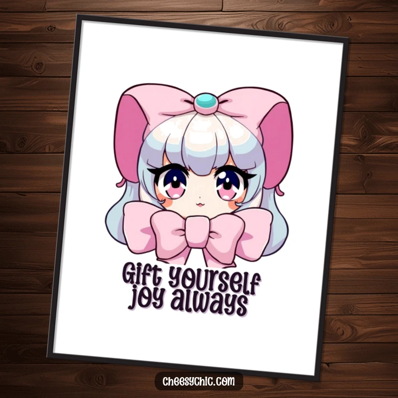 Funny free printable wall art, a character peeking from a giant bow, their wide, sparkling eyes full of wonder.