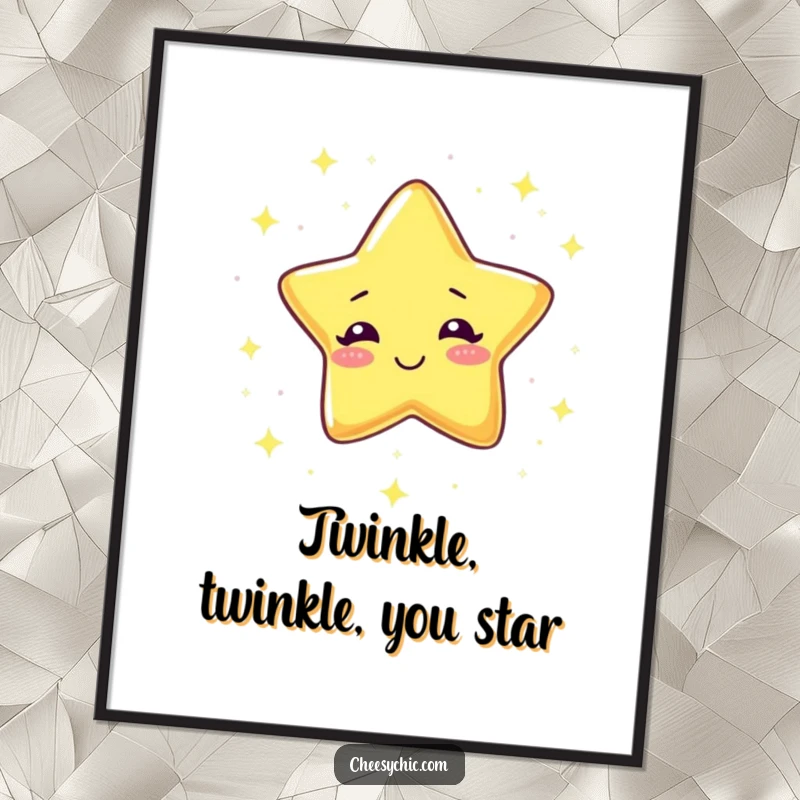 Funny free printable wall art: A cheerful giggling star suspended in space, raining down a shower of tiny, bright sparkles.