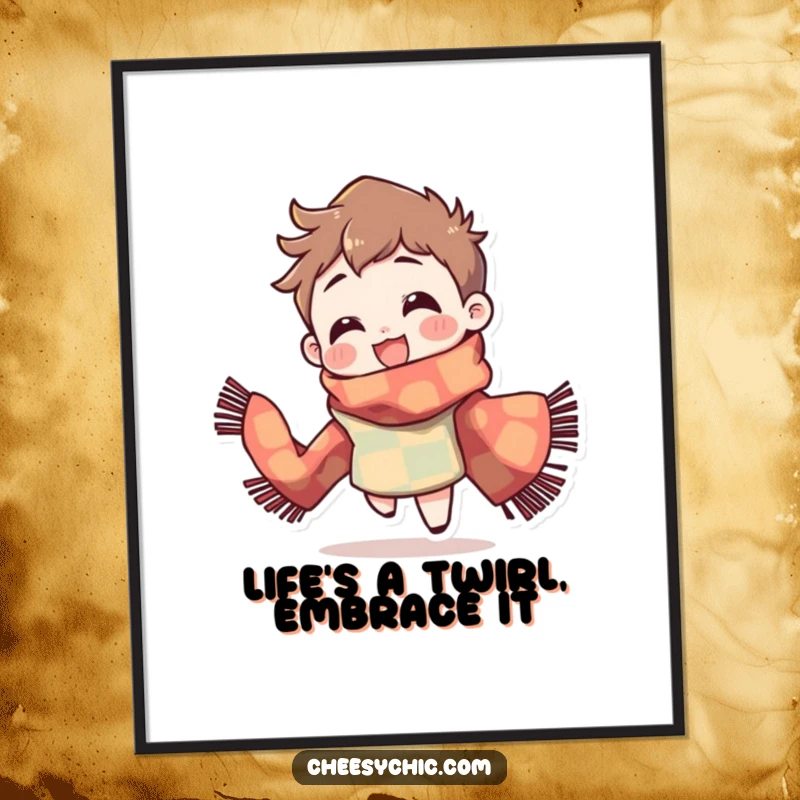 Funny free printable wall art, a character in a brightly patterned scarf, spinning with a look of pure delight.