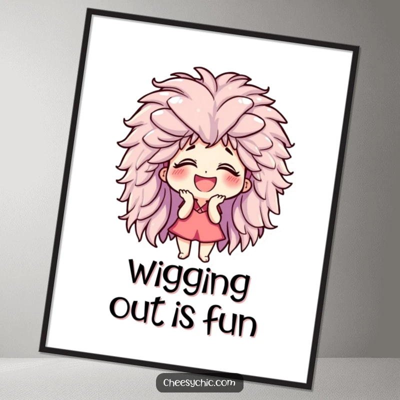 Funny Free Printable Wall Art: A stylized character giggles hysterically while wearing a comically giant and fluffy wig.