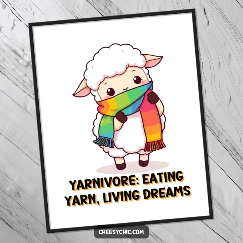 Funny Free Printable Wall Art: A fluffy sheep comically tries to knit a rainbow scarf using its hooves on a wall.