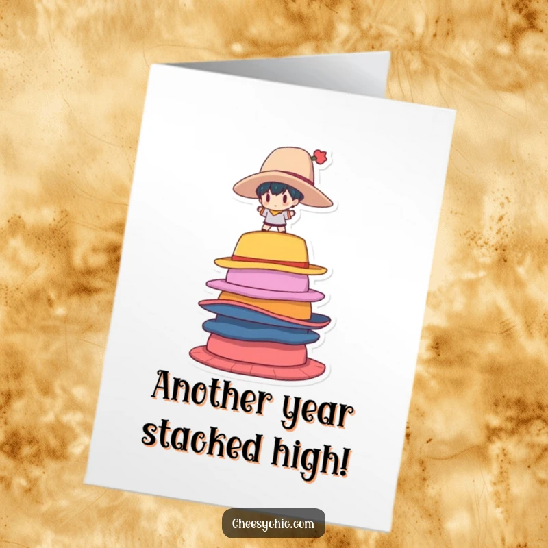 Funny free printable birthday card shows a stylized character teetering on a tall stack of mismatched, oversized hats.
