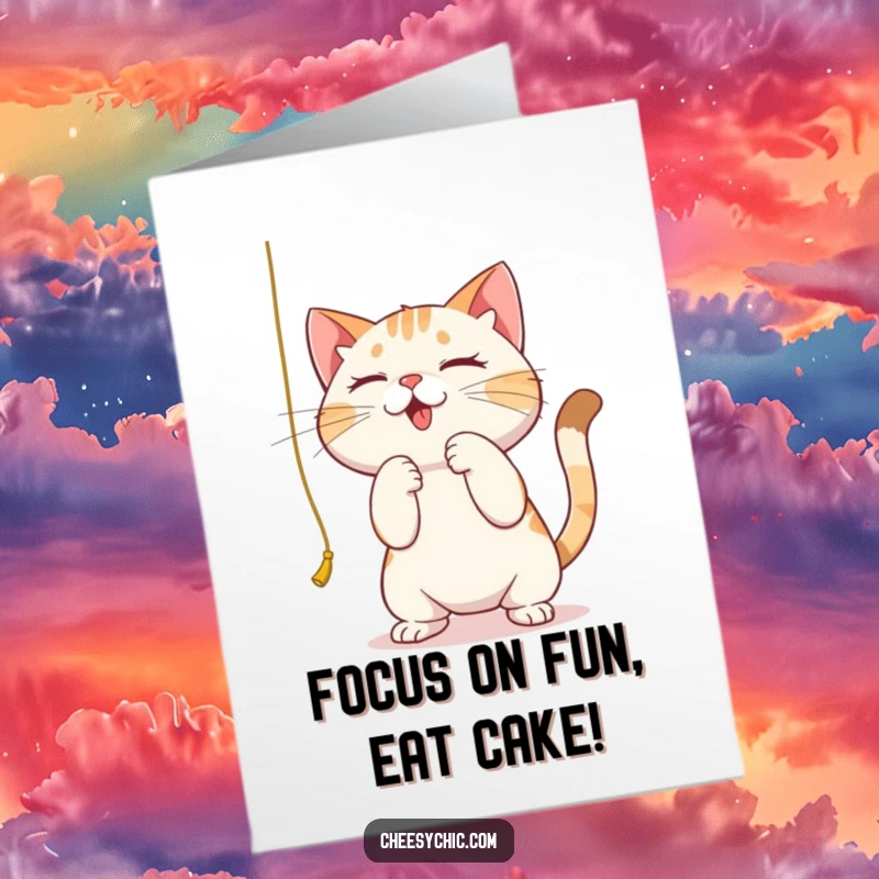 Funny Free Printable Birthday Card: A cat intensely bats at a dangling string, celebrating a birthday.