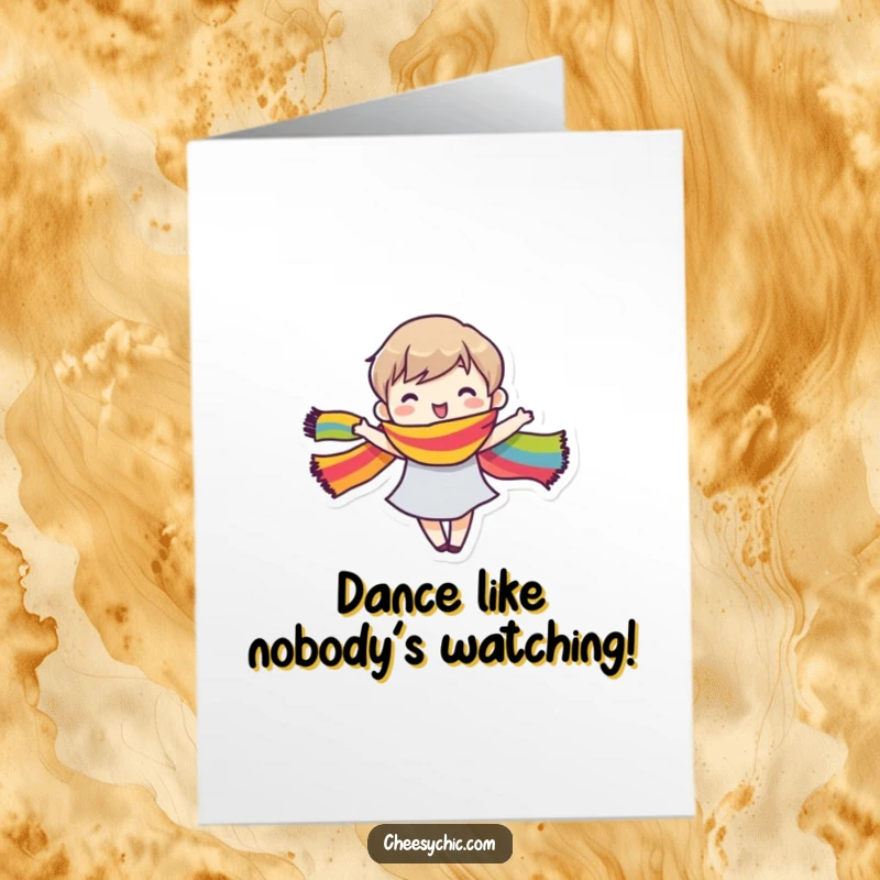 Funny free printable birthday card shows a stylized character gleefully dancing, their rainbow scarf flowing dynamically.