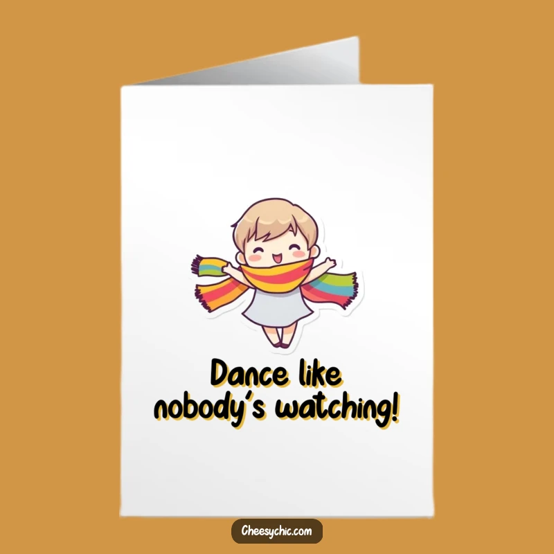 Free Printable Birthday Card: Cheerful Dancer, Rainbow Scarf, Fun Downloadable Gift