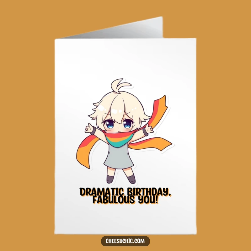 Free Printable Birthday Card: Dramatic Pose Character, Rainbow Scarf, Funny Digital Download