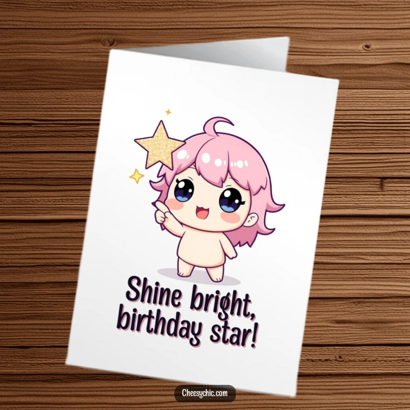 Funny Free Printable Birthday Card: Cheeky character points gleefully at a massive, dazzling star.