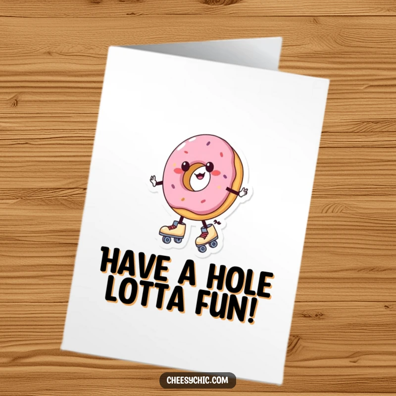 Funny Free Printable Birthday Card: Charming donut wearing roller skates wobbles unevenly, celebrating a birthday with charm.