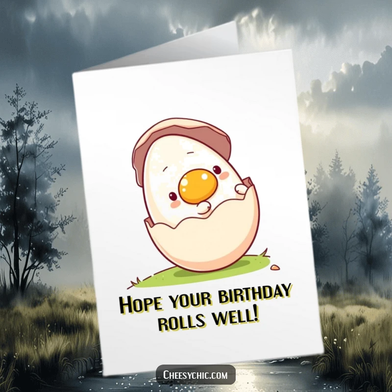 Funny Free Printable birthday card: A charming anthropomorphic egg rolling happily downhill inside its intact shell.