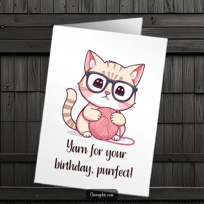 Funny Free Printable Birthday Card: A cute cat in reading glasses ponders a yarn ball, ideal for cat enthusiasts.