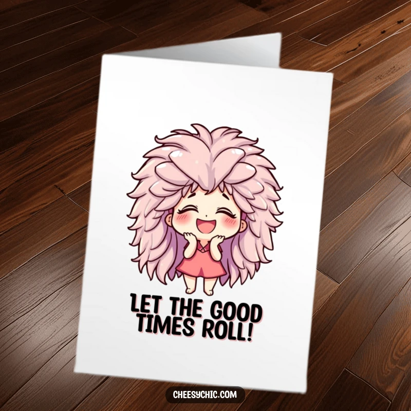 Funny Free Printable Birthday Card: A character giggles uncontrollably under a giant fluffy wig, spreading pure comedic joy.